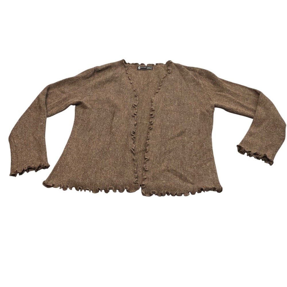 Millma's Cardigan Womens Brown 100% Baby Alpaca Ruffle Trim‎ Open Front Sweater
